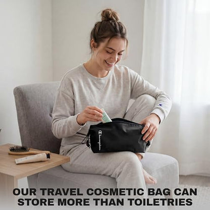 CHAMPION - Hanging Toiletry Bag - Travel Sized Polyester Bag Water-Resistant, Cosmetics Organizer Bag with Two Compliant Bottles - Lightweight Portable Zipped Bag for Unisex – True Black 10"x3.9"x3.9" - style: True Black
