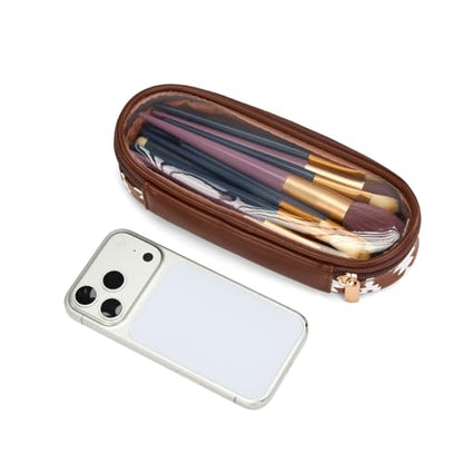 Montana West X Wrangler Travel Makeup Bag 2pcs Set Large Cosmetic Bag with Makeup Brush Holder Portable Make Up Organizer Cute Toiletry Bag with Divider and Handle for Women Aztec - color: Aztec-Coffee