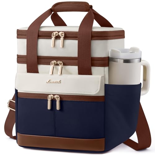 LOVEVOOK Insulated Lunch Bag Women Men,Expandable Double Deck Lunch Box for Women With Large Cup Holder,Leakproof Cooler Bag For Adult Lunch Tote Bag Work Picnic Beach with Adjustable Shoulder Strap - color: Black with Off White with Dark Blue, size: Larg