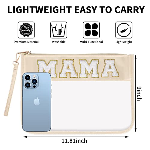 Iqimott Chenille Clear Letter Mama Bag Flat Pouch, Monogram Glitter Letter Patch Makeup Cosmetic Bag Zipper Toiletry Pouch, Portable Travel Beach Snack Wristlet Bags for Women Girls(Mama, Beige) - color: Mama-Beige