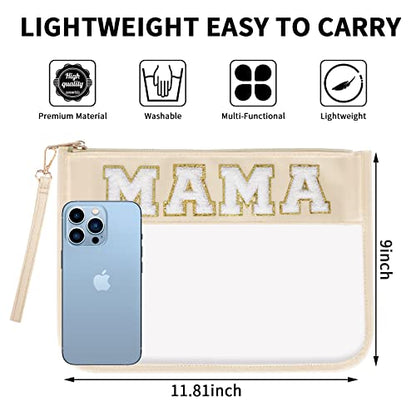 Iqimott Chenille Clear Letter Mama Bag Flat Pouch, Monogram Glitter Letter Patch Makeup Cosmetic Bag Zipper Toiletry Pouch, Portable Travel Beach Snack Wristlet Bags for Women Girls(Mama, Beige) - color: Mama-Beige
