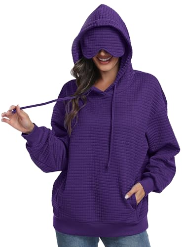 SeSe Code Hoodie With Eye Mask Waffle Hooded Sweatshirts Womens Travel Airplane Sleep Hoodies Mens Oversized Pullover - color: Purple, size: Small
