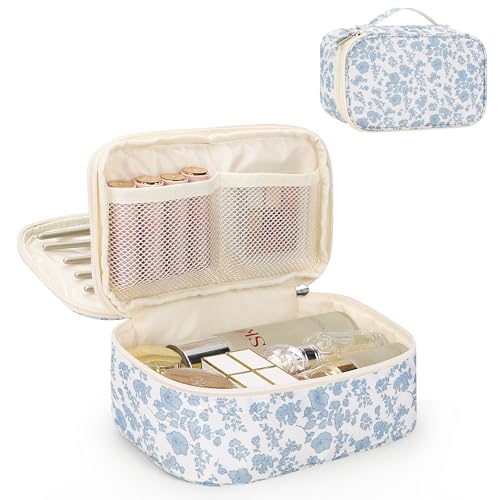 Relavel Travel Makeup Bag, Small Floral Cosmetic Bag with Makeup Brush Compartment, Portable Makeup Pouch for Women, Double Layer Makeup Organizer Bag Cute Toiletry Bag - color: 01-Blue Flower, size: MEDIUM