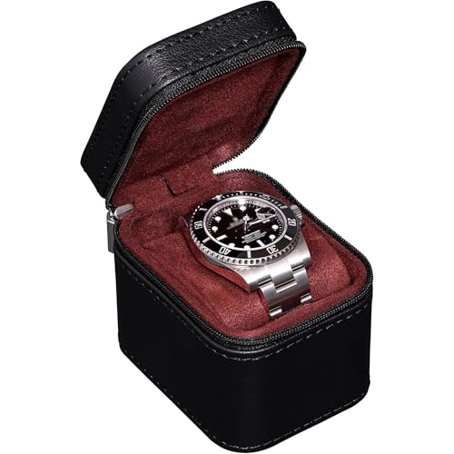 ROTHWELL Single Watch Travel Case | Compact PU Leather Protective Box with Microsuede Interior | Fits Watches & Smartwatches Up to 55mm (Black/Red) - color: Black/Red