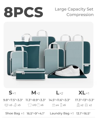 Percover Compression Packing Cubes for Travel, 8-Piece Structured Compression Organizer Set with Laundry Bag & Shoe Bag for Carry-On & Checked Luggage, Peacock Green - color: Peacock Green, size: 8 Set