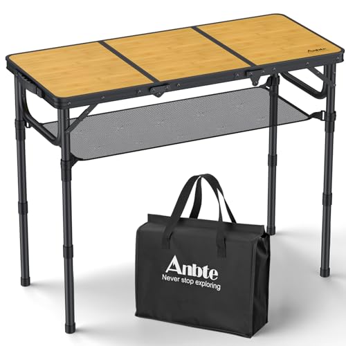 Anbte 3ft Camping Table Foldable with Storage Net and Bag, 3 Adjustable Heights High 27.5" Aluminum Camping Table Portable, for Outdoor Indoor Backyard BBQ Cooking Party Picnic Beach, Light Oak Grain - color: Light Oak Grain