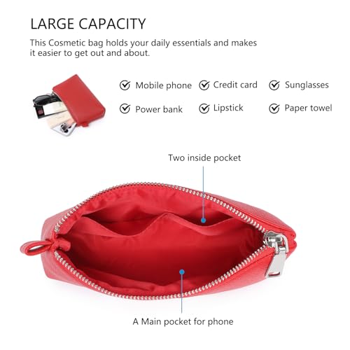 30 Color PU Faux Leather Travel Toiletry Bag for Women, Mini Cosmetic Pouch Organizer with 2 Dividers, Easy Clean Makeup Bag for Purse, Gift Idea (PU Faux Leather/Pomegranate Red) - color: PU/Pomegranate Red