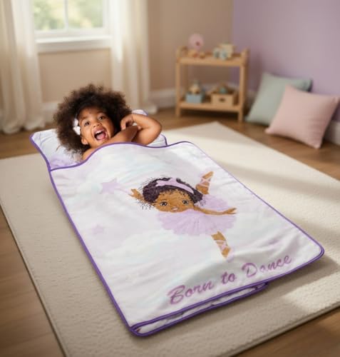 EVERYDAY KIDS Toddler Nap Mat with Removable Pillow - Born to Dance African American Ballerina - Carry Handle with Straps Closure, Rollup Design for Preschool, Daycare, Sleeping Bag - Ages 2-6 Years - color: Born to Dance African American Ballerina