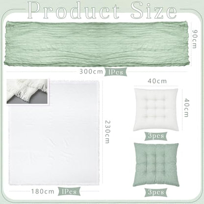 Extra Large Outdoor Picnic Blanket with Table Runner and Floor Pillow Cushion for Picnic Wedding Birthday Baby Shower Backyard(91 x 71'',Sage Green,White,6-Person) - color: Sage Green,white