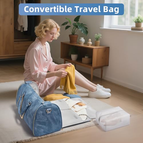 Garment Duffle Bag for Travel, Convertible 20.5×10×12.5 Inch Carry On Garment Bag for Women, Foldable Travel Bags with Shoe Compartment & Toiletry Pocket for Business Trip, Vacation, Blue - color: Lcing Blue
