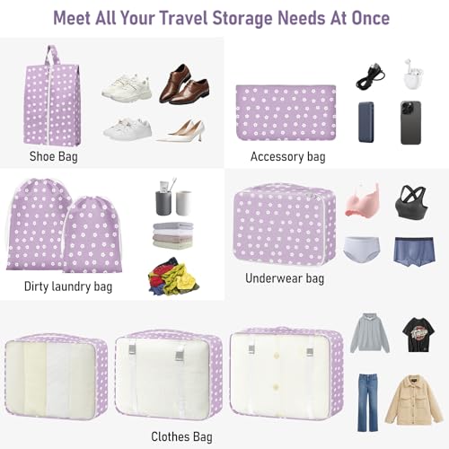 Packing Cubes for Travel - 8 Set Luggage Organizer Bags for Family, Mesh Breathable Packing Cubes for Suitcases Durable Travel Essentials Bags Set - color: Purple small white flowers