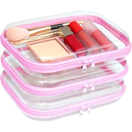 3PCS Clear Hard Plastic Zipper Case, Double Zippers Hard Pouch, Portable Travel Organizer Bin Clear Makeup Bag for Toy Storage, Snack Bag, Cosmetics, Diaper Bag, Toiletry Bag(3PCS-M-Pink) - color: 3PCS-M-Pink