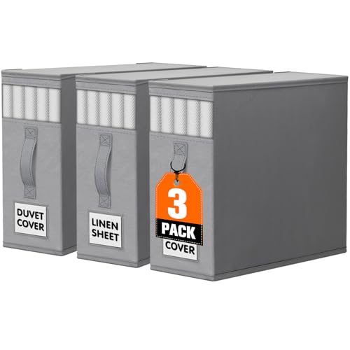 WOWBOX Sheet Organizers and Storage,Closet Bed Sheet Organizer Under Bed Storage and Organization with Label Cards & Clear Window for Bedding Sheets,Duvet Covers,Blankets (3 Pack，Gray) - color: Gray, size: 3 Pack