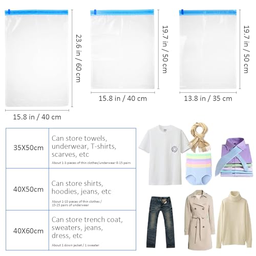 HEMOTON 9 Pcs Roll up Vacuum Compression Bags Space Saver Storage Bags for Clothing Travel Manual Seal Set with 3 Small (35x50cm) 3 Medium (40x50cm) 3 Large (40x60cm)