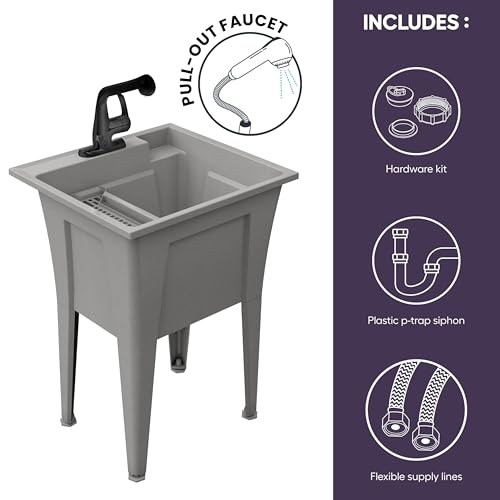 Freestanding Utility Sink with One Handle Black Faucet - 24" Plastic Utility Sink for Garage, Laundry, Indoor and Oudoor Use - Laundry Tub Kit by Noah William Home - Grey (19.5 gal) - color: Grey - One handle black faucet