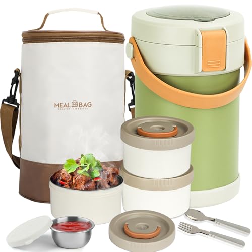 67oz/2L Thermo for Hot Food, 304 Stainless Vacuum Insulated Soup Thermo, Leakproof Thermal Lunch Box with 3 Stackable Bento Boxes & Leakproof Sauce Cups for Adults Office Travel Camping - Green - color: Green(Simple Version）