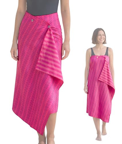 3-in-1 Wearable Beach Wrap & Lightweight Travel Towel – Sarong with Secure Button Closure, Quick-Dry Sand-Free Microfiber, Adjustable Fit (64”x33”, Fits S–4X), Compact Pool & Beach Essential - color: Pink - Blue Lines