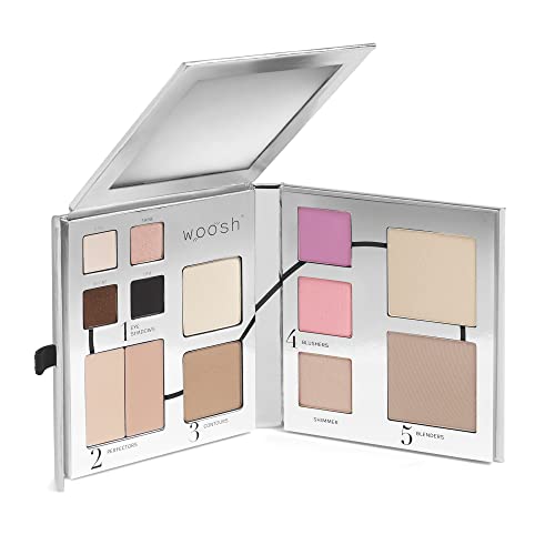Woosh Beauty, Jetsetter Bundle in #1 Light, Fold Out Face Non-Refillable, Essential Brush Set, Travel Case in Hot Pink