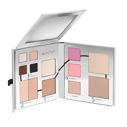 Woosh Beauty, Jetsetter Bundle in #1 Light, Fold Out Face Non-Refillable, Essential Brush Set, Travel Case in Hot Pink