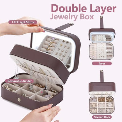 Travel Jewelry Case with LED Makeup Mirror, Portable Travel Jewelry Organizer, 2-Layer Jewelry Box for Earrings Necklace Bracelet Rings, Birthday Gifts for Women Girls (Dark Brown)