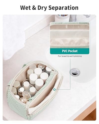 Narwey Striped Travel Toiletry Bag for Women Large Makeup Bag, Wide-open Cosmetic Make Up Organizer with Handle, Travel Bag for Toiletries, Essentials, Accessories (Mint Green Stripe) - color: Y-Mint Green Stripe