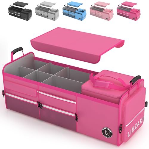 LIBZAKI Oversize 4 in 1 Car Trunk Storage Organizer, Multi Compartment Collapsible Trunk Storage Box with Cooler Bag for Car Truck SUV-Rose red - color: Rose Red, size: Oversize