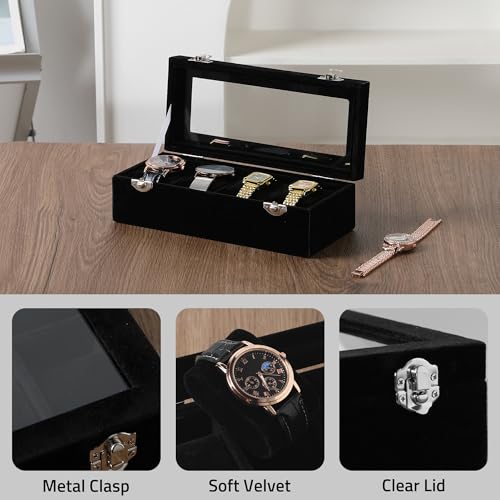 Frebeauty 4-Slot Watch Box,Velvet Watch Case with Glass Lid,Watch Organizer Box for Men and Women,Lockable Watch Storage,Watch Display Case,Ideal Gift(Black) - color: Black, size: 4 Slots