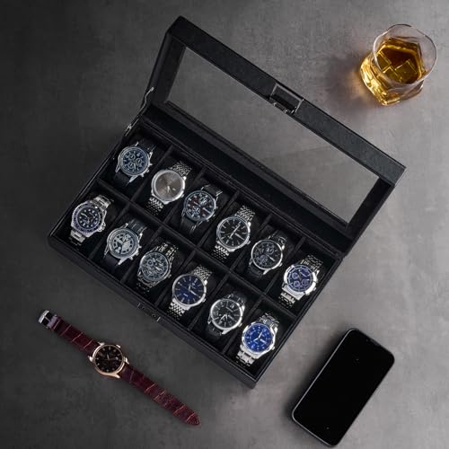 ProCase 12 Slot Watch Case Box for Men, PU leather Man Watch Organizer with Soft Pillow, Lockable Watch Collection Storage Holder with Glass Display Lid, Fathers Day Gift for Dad -AllBlack - color: AllBlack, size: 12-Slot