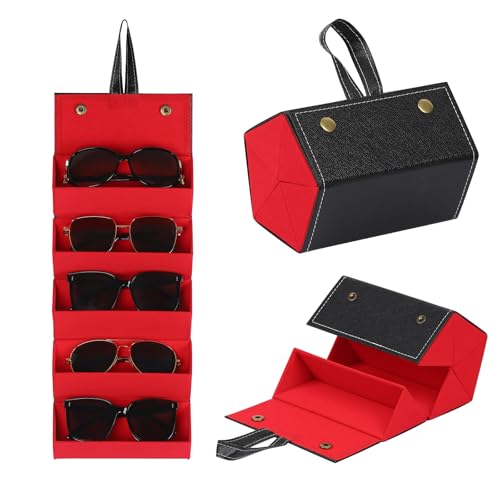 AUTOARK Foldable PU Leather Glasses Organizer with 5 Slots,Hanging & Portable Sunglass Eyewear Storage Case for Men Women,Black/Red,MKAW256 - color: Black/Red