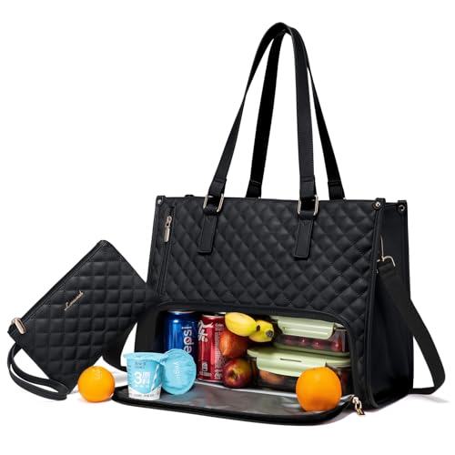 LOVEVOOK Lunch Tote Bag for Women, 15.6 Inch Laptop Bag with Insulated Lunch Compartment, Quilted Large Capacity Computer Handbag with Purse for Business, Work, Nurse, Office, Collage, Casual, Black - color: Black, size: 15.6 Inch