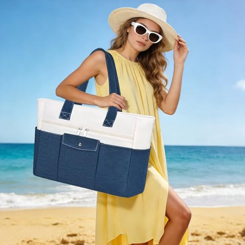 Beach Bags for Women Large Canvas Beach Tote with Zipper Wet Pocket, Waterproof Foldable Swim Pool Travel Tote Bags - color: Navy Blue
