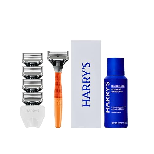 Harry's Original Shaving Kit for Men - Razor Handle, 5 Razor Blade Refills, Foaming Shave Gel, and Travel Blade Cover - TSA Approved Travel Essentials - German Engineered - Ember - style: Ember