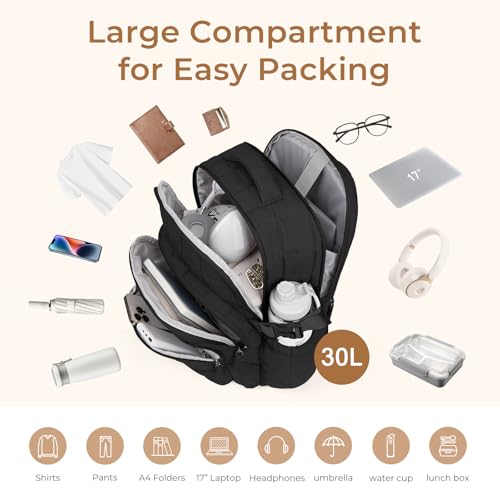 CLUCI 17.3 Inch Laptop Backpack for Women, Anti Theft Travel Backpack, Puffer Quilted Work Backpack, Water Resistant College Bookbag, Carry on backpack with RFID (Black) - color: Black