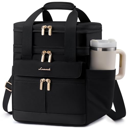 LOVEVOOK Insulated Lunch Bag Women Men,Expandable Double Deck Lunch Box for Women With Large Cup Holder,Leakproof Cooler Bag For Adult Lunch Tote Bag Work Picnic Beach with Adjustable Shoulder Strap - color: Black, size: Large-15L