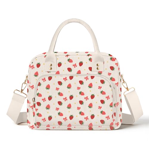 Lunch Bag Large Insulated Lunch Box for Women Adult Cute Pink Strawberry Lunchbox Corduroy Lunch Bags Boxes Pail with Shoulder Strap for Work Mom Picnic Office Travel 11.4×6.8×9.1 inches 11.5L - color: Strawberries + Bow