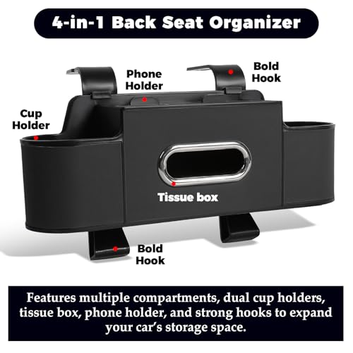 4-in-1 Car Organizer Back Seat,Upgraded Multifunctional Back Seat Car Organizer,Partition Design,Multi-Hanging Storage Box with 2 Cup Holders,Tissue Box, for Hold Mobile Phone(Black)