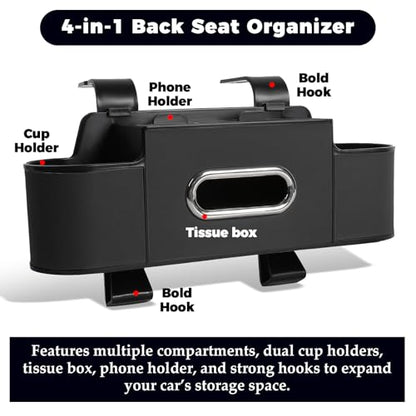 4-in-1 Car Organizer Back Seat,Upgraded Multifunctional Back Seat Car Organizer,Partition Design,Multi-Hanging Storage Box with 2 Cup Holders,Tissue Box, for Hold Mobile Phone(Black)