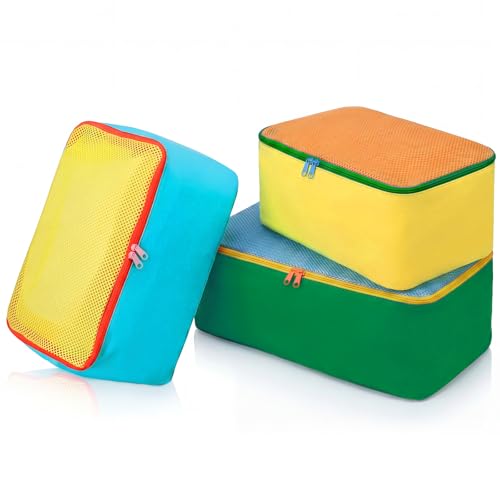 SATINIOR 3 Pcs Colorful Packing Cube 1 Large 13.7 x 7.8 x 5.7 and 2 Small 11 x 7.5 x 5.7 Nylon travel Mesh Storage Bag Zippered Waterproof for Summer Camp Luggage organize