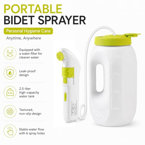 Portable Bidet for Travel – Electric High Pressure Rechargeable Bidet for Women & Men, 2.5L Bottle, 1600mAh Battery, 1300ML/min Strong Flow, Waterproof Personal Hygiene Sprayer for Travel & Home