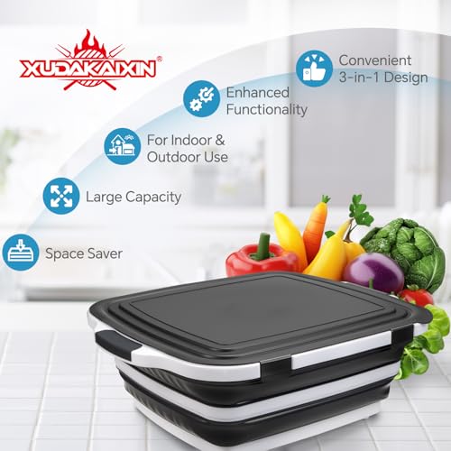 XUDAKAIXIN Collapsible BBQ Prep Tub for Meal Prep, Marinating,Food Storage, picnics, camping, barbecues,cutting fruits and vegetables - Includes Cutting Board and Locking Lid,(X-Large) Black - color: (X-Large)Black
