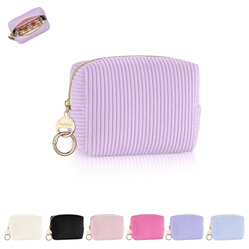 Mini Makeup Bag, Corduroy Small Cosmetic Bag for Purse with Ring Buckle, Portable Travel Makeup Pouch for Lipsticks, Chapsticks, Coin, Earphone, Credit Card (Purple) - color: Purple