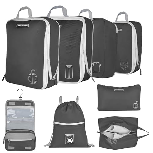 8 Set Expandable Compression Packing Cubes for Suitcases Travel Essentials Carry On Waterproof Storage Bag With Dry And Wet Separation Black - color: Black