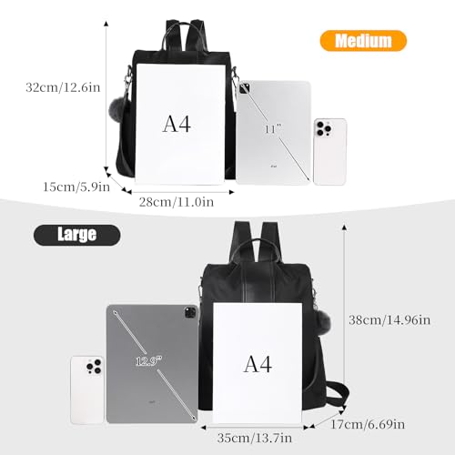 PINCNEL Women Backpack Purse Waterproof Nylon Anti-theft Rucksack Lightweight Shoulder Bag - color: Black, size: Medium