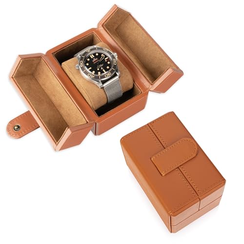 Single Travel Watch Case - Vintage Inspired - Exterior, Soft Microfiber Lining, Fits Up to 42mm Watches - Vegan Leather - Reliable Storage for Home or Travel - color: BrownBrown