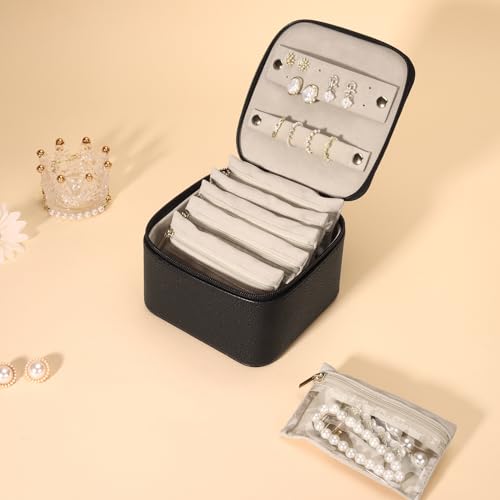 DesignSter Small Jewelry Box, Travel Small Jewelry Organizer with Earring Tray and Ring Holder, Square Travel Jewelry Storage Case with 6 Velvet Jewelry Pouches, Black - color: Black