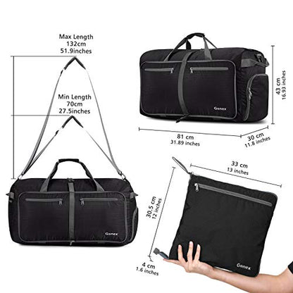 Gonex Large Foldable Travel Duffle Bag with Shoes Compartment, Packable Lightweight Water Repellent Duffel Bag for Camping Gym Weekender Bag - color: Black, size: 80L
