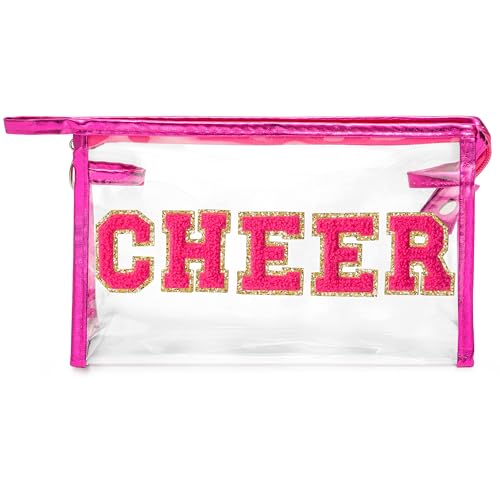 Y1tvei CHEER Clear Makeup Bag - Preppy Rose Red Cheer Chenille Patch Cosmetic Pouch Extra Large PVC Transparent Toiletry Carry Bag Portable Waterproof Travel Organizer Cheer Gift for Cheerleader - color: Rose red CHEER Rose Red