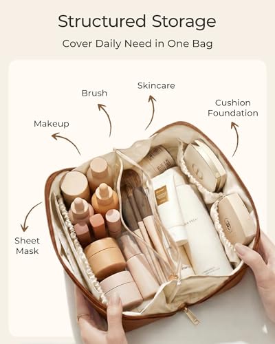 BAGSMART Makeup Bag Travel Cosmetic Bag, Large Make Up Bag Flat Open Toiletry Bag for Women, PU Leather Travel Essentials Organizer Case, Wide-open Pouch Purse for Skincare, Brushes, Lilac - color: 16- Lilac