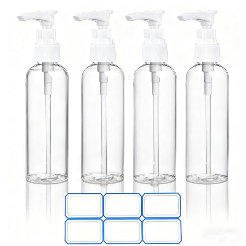 DTDNZKN 4 Pack 3.4 Oz (100ml) TSA Approved Travel Pump Bottles for Toiletries Clear Travel Size Bottles Leak Proof with Labels