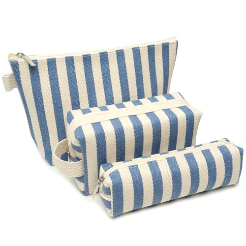 3 Pcs Makeup Bag Set Striped Canvas Purse Cosmetic Bag For Women Travel Toiletry Pouch Organizer pencil case (Blue-White) - color: Blue-White